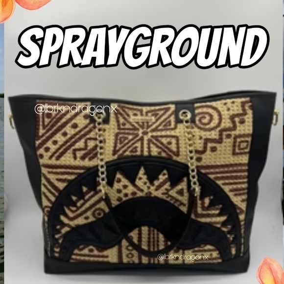 Sprayground Black Tan Raffia Tote with Gold Chain Strap Tribal RAFFIA  TOTE - Picture 8 of 14